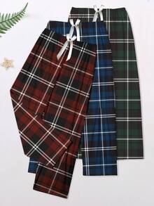 三件套舒适格子印花女士睡裤，休闲风格睡衣裤，多件套，春夏秋季 - 彩色 - 查看 1