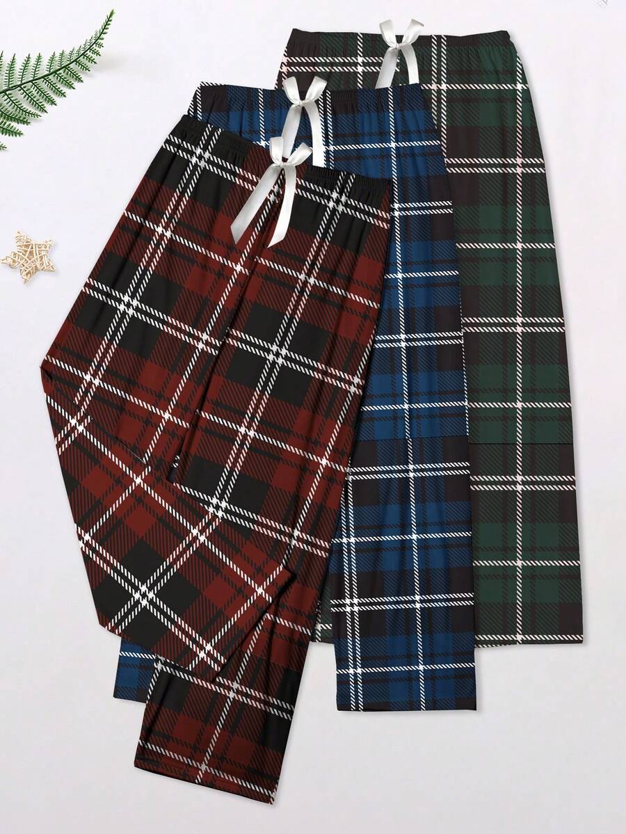 三件套舒适格子印花女士睡裤，休闲风格睡衣裤，多件套，春夏秋季 - 彩色 - 查看 1