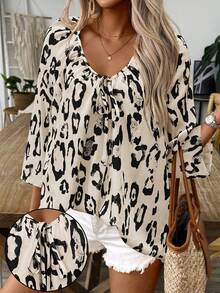 KeKe Bloomly Women's Fashionable Leopard Print Loose Fit Blouse, Versatile For Commuting, Dating, Party, Beach, Vacation - Black and White - View 3