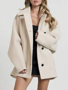 女士优雅米色羊毛混纺防风夹克，简约设计，纽扣前襟 - 杏色 - 查看 10