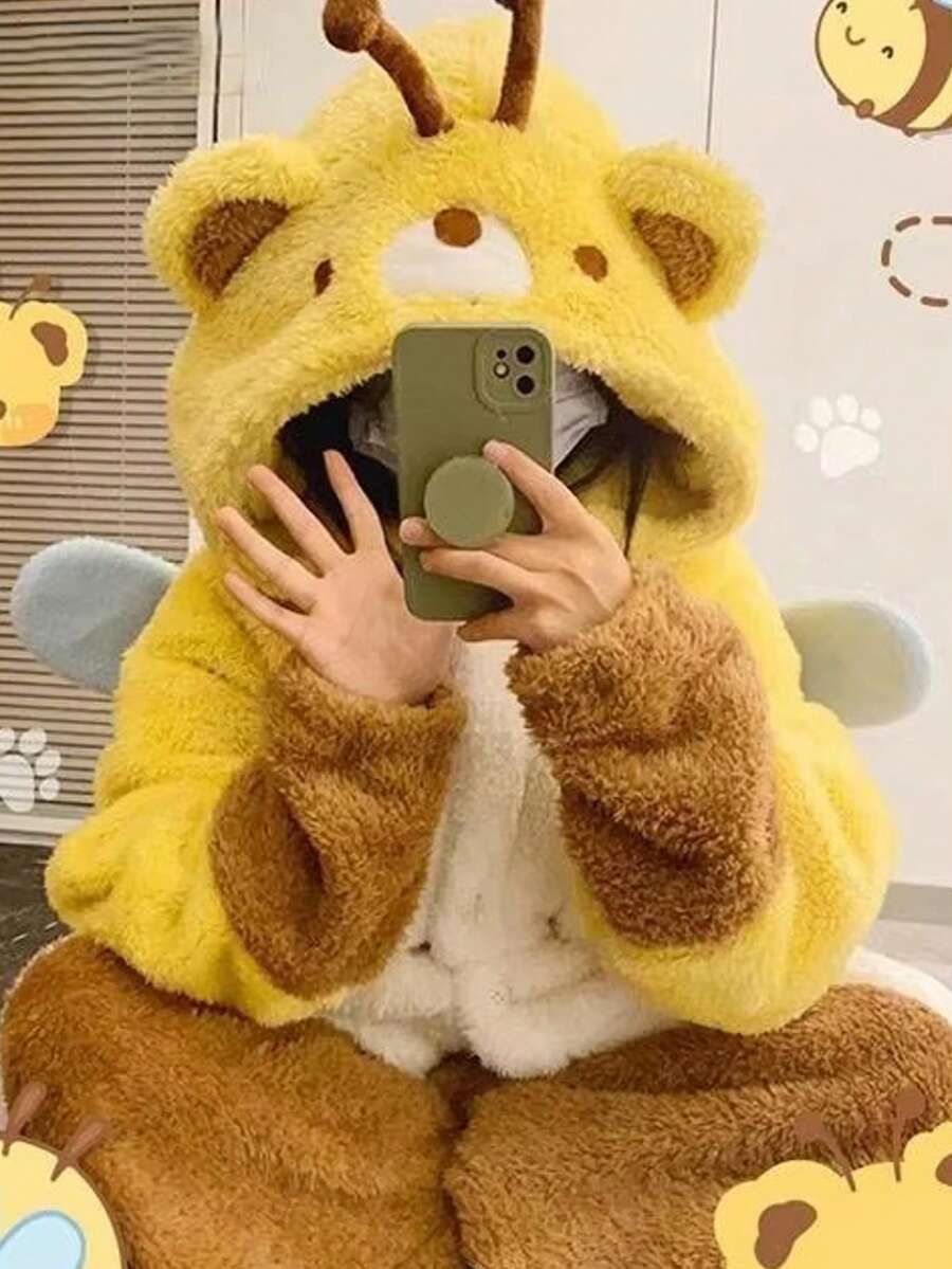 可爱卡通睡衣，女士蜜蜂睡袍，新款秋冬女士可爱蜜蜂睡袍，加厚保暖法兰绒珊瑚绒冬季睡衣，饰有可爱蜜蜂图案，圆领，长袖，成人舒适家居服，完美适合秋冬季节，冬季睡衣，趣味设计，柔软质地，蜜蜂睡衣，法兰绒连帽家居服，适合新年、情人节礼物