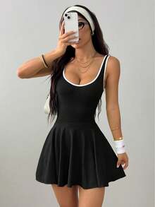 Women Dress Women'S High-Elasticity Sports Dress With Built-In Bra & Shorts - Sleeveless Twist-Cut Tennis Skirt For Gym, Yoga, Casual Wear - Vibrant Pink, Yoga Apparel, Formfitting Silhouette, Durable Sportswear - 黑色 - 查看 2