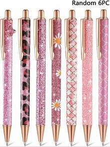 6pcs/Set Elegant Women's Ballpoint Pens, Cute Shiny Ballpoint Pens, Exquisite Gift Pens, Diary Pens, Suitable For Office, School, Valentine's Day, Thanksgiving, Graduation Ceremony, Metal Pen Tip, Round Pen Body, Fashionable Shiny Design