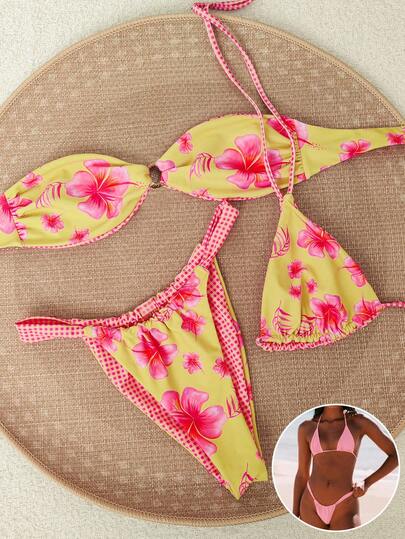 2pcs/Set Women's Floral Print Beach Bikini Set, Versatile Styling, Adorned With Metal Accents, Suitable For Vacation Wear. 2026 Summer Women's Beach Bikini, Elegant For Christmas, Parties, Casual Summer Vacation, Reversible Fabric Fashion 3-Piece Swimsuit