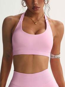Women's Solid Color Quick Drying Comfortable High Elasticity Bra, Suitable For Yoga, Girls' Gym Exercise, Pilates Exercise, All Season Knitted Camisole Women's Underwear, Giving You The Best Exercise Experience, Women's All Season Sports Underwear - 粉色 - 查看 2