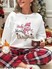 1 pièce Femmes Automne et Hiver Noël Décontracté Simple Imprimé Col Rond Large, Pull épaissi, Vêtements d'intérieur chauds Éléments de Noël Simple Slogan de Noël Imprimé Bonhomme de neige Vêtements d'intérieur décontractés - Blanc - Voir 1
