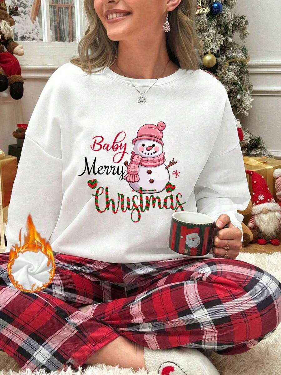 1 pièce Femmes Automne et Hiver Noël Décontracté Simple Imprimé Col Rond Large, Pull épaissi, Vêtements d'intérieur chauds Éléments de Noël Simple Slogan de Noël Imprimé Bonhomme de neige Vêtements d'intérieur décontractés - Blanc - Voir 1