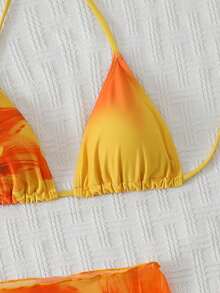 Bộ bikini nữ 3 món in họa tiết hoa ombre, dây bikini có thể điều chỉnh, quần bikini buộc dây bên hông, thiết kế váy sarong che phủ cao, thích hợp mặc đi biển và dự tiệc trong kỳ nghỉ hè. - Đỏ và vàng - Xem 3