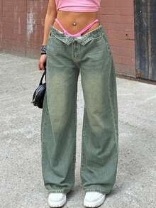 Women's Casual Washed Wide Leg Jeans - 黃色 - 查看 6