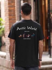 男士夏季企鹅冲浪字母印花图案圆领短袖休闲T恤 - 黑色 - 查看 3