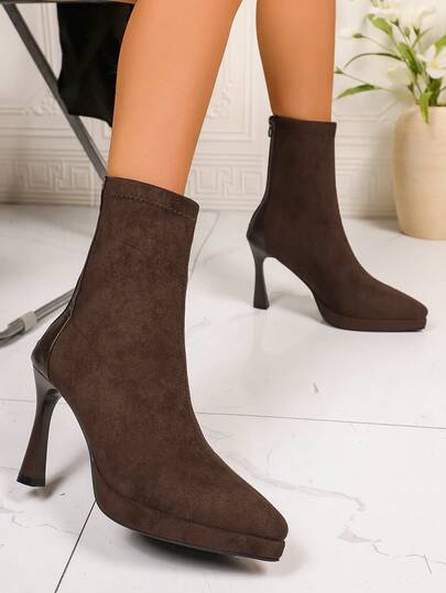 Women's Pointed Toe Stiletto Ankle Boots, Featuring Pointed Toe Design, Mid-Calf Zipper Accent, Stiletto High Heel, Pointed Toe Modern Short Boots, Fashionable Commuting Style, Suitable For Women's Daily Work, Party Occasions In Autumn/Winter, Available In Multiple Colors, Suede Material, Fashionable Pointed Toe Stiletto Ankle Boots