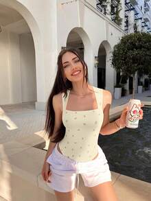 OQQ 3 Piece Bodysuits For Women Sexy Ribbed Strappy Square Neck Stretch Tank Tops Bodysuits - 酪梨綠,香芋紫,玫瑰米,皮粉,淺灰綠,灰褐色 - 查看 4