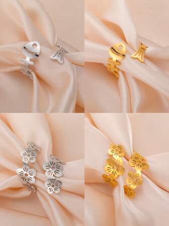 LIKGREAT 1pc Stainless Steel Flower & Fish Bone Adjustable Open Ring, Fashionable & Elegant Women's Finger Ring
