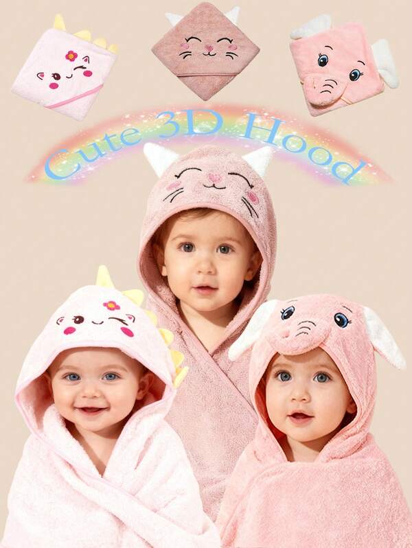 1pc Baby Hooded Towel, Cartoon Animal Elephant, Grey Bear, Pink Cat, Unicorn Embroidered Design Blanket