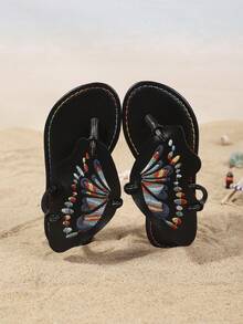 Girls' Fashion Slippers, New Summer Design With Embroidered Butterfly, Stylish, Generous, Lightweight And Flat - Black - View 6