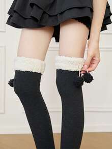 1双仿毛球过膝袜，加厚保暖，可爱洛丽塔风格，适合秋冬季穿着 - 彩色 - 查看 5