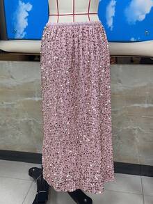 Women's Elegant Sparkly Sequin Midi Skirts Elastic High Waist Shiny Glitter Pencil Formal Party Long Skirts - 墨綠色 - 查看 5