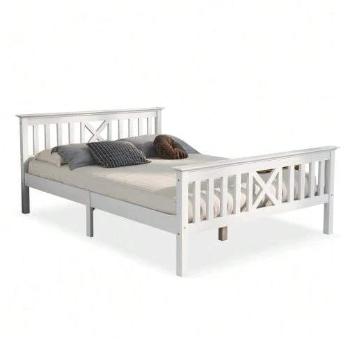 Single Wooden Bed Consisting Of A Bed Frame With Slatted Base And A Headboard - 90 X 200 Cm, Solid Pine, Children's Bed, Teenager's Bed, White - White 1 - View 1