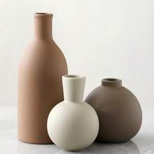 Ceramic Vase Set Of 3, Vases Home Decor Rustic Farmhouse Decorative Vase Pottery Vases For Bouquet Pampas Grass Dried Fresh Flowers, Table Living Room Kitchen Bedroom Bathroom - Brown - 棕色 - 較大 - 查看 9
