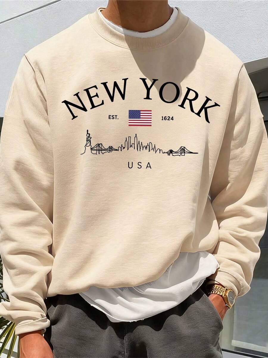 Áo nỉ nam Zrgoth kiểu dáng thường ngày, in họa tiết phong cách đường phố New York, cổ tròn. - Màu be - Xem 1