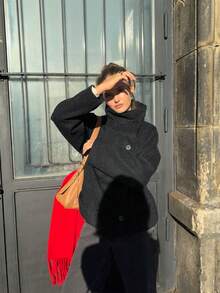 Chaqueta de mujer vintage de doble botonadura y cuello alto, abrigo de uso diario para mujer, ropa de abrigo de invierno y primavera - Gris Oscuro - Ver 5