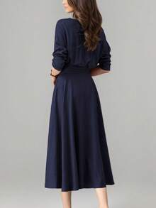 Đầm dài trơn màu dành cho nữ, kiểu dáng thường ngày, có túi và thắt eo, phù hợp cho đám cưới, thanh lịch, mùa xuân. - Xanh đậm - Xem 5