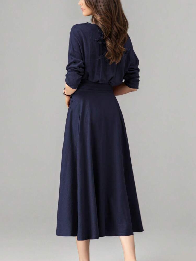 Vestido Casual Longo de Cor Sólida Feminino com Bolsos e Cintura com Laço, Adequado para Casamento Elegante na Primavera - Azul Royal - Visão 4