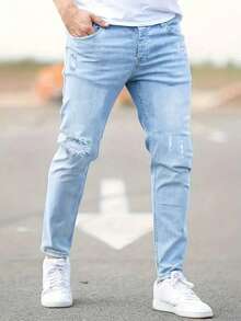 男士休閒修身破洞細身牛仔褲，水洗
