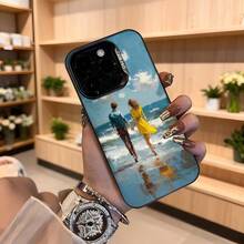 Cubierta de teléfono con diseño de pareja caminando en la playa azul con impresión artística y texto CASETTO para uso diario y ocasiones románticas Aplicable a los teléfonos de la serie Apple y Galaxy - Negro - Ver 4