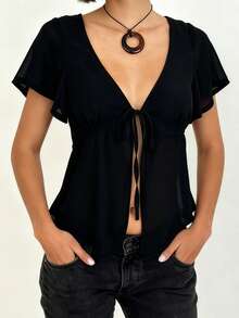 Women's Summer Tie Front Tops Short Sleeve Deep V Neck  Solid Color Sheer T-Shirt - màu đen - Xem 2