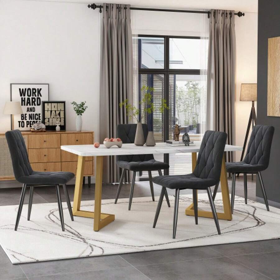 117cm Esstisch Mit 4 Stühlen Set, Rechteckiger Esstisch Moderner Küchentisch Set ,Esszimmerstuhl Dunkelgrau Samt Küchenstuhl,Golden Tischbeine - Gray2 - View 1