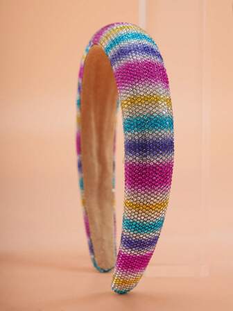 1个女童彩虹条纹水晶发箍，时尚渐变宽发箍，适合派对或日常佩戴