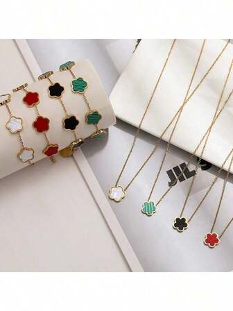 2 piezas Este conjunto de collar, pulsera y joyería de acero inoxidable chapado en oro de 18K con diseño de trébol de la suerte y pétalos de flor es elegante y versátil, adecuado para que las damas lo luzcan en ocasiones diarias, festivales y bodas