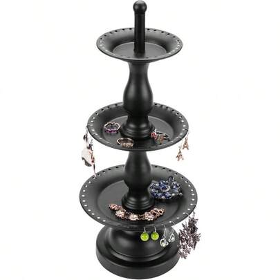 Earring Storage Rack Organizer Metal Jewelry Tree With Wooden Ring Tray Trinket Holder For Bedroom Or Bathroom - Black 3-Tier Design Holds Up To 68 Pairs Of Earrings Necklace And Bracelet Hanger For Compact Jewelry Organization And Easy Access
