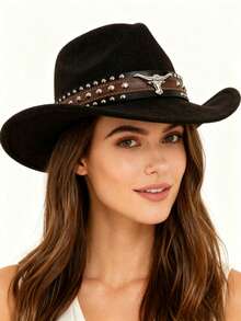 1pc Western Cowboy Hat, Unisex, With Detachable Silver Bull Head Decor Band, Suitable For Casual Everyday Wear, Holidays, And Western-Themed Parties - Multicolor - View 4