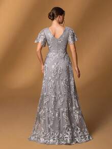 Faeriesty Mosy Elegant V-Neck Ruffled Sleeve A-Line Lace Applique Gown For Mother Of The Bride | Perfect For Formal Galas, Weddings, Evening Receptions, Black Tie Dinners, Awards Ceremonies