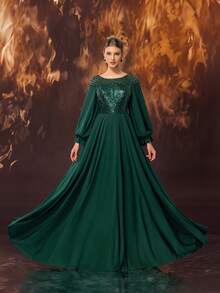 YISIKADO Elegante vestido largo de mujer con cuello redondo, bajo acampanado y adornos de lentejuelas - Verde Oscuro - Ver 1