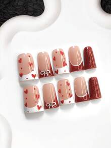 10pcs Valentine's Day Red Glitter Nail Art Set, Includes Handpainted Bow Nail Stickers, French Manicure Nail Stickers, Handmade Red Heart False Nails, White Nail Glue, Red Nail Polish, Comes With Nail Tools, 3 Sizes Available: Almond, Duck Mouth, Coffin Shape, Suitable For Party, Valentine's Day, Wedding, Casual & Daily Wear - 彩色 - 查看 12