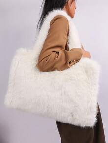 Long Strap Faux Fox Fur Tote - -Wide Large Capacity Tote Bag - White - View 3