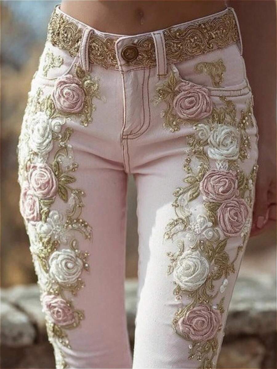 Women's Retro Pink Rose Embroidered Artistic Print Jeans With Elegant Temperament - 粉色 - 查看 1
