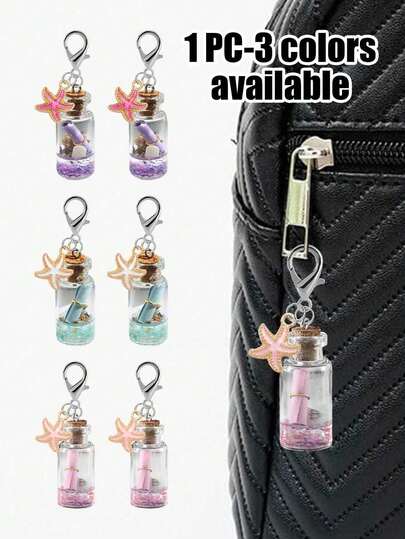 海星许愿瓶吊坠，海洋风漂流瓶吊坠，带可开启瓶盖的许愿瓶，手写许愿纸漂流瓶，复古设计，玻璃瓶装饰，带龙虾扣的漂流瓶挂饰，闪亮彩色钻石海螺壳，适合女性、女孩