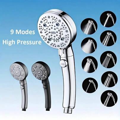 1 st tyskt handhållet högtrycksduschmunstycke, 9 justerbara lägen, vattenstopp med ett klick, regnupplevelse, avtagbar och tvättbar, vattenbesparande och fallsäker, plast, väggmonterad design, badrumstillbehör, duschmunstycke köksartiklar kökstillbehör kök köksverktyg