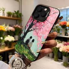 Cubierta de teléfono con borde negro y diseño de árbol de cerezo en flor rosa con dos personas sentadas bajo el árbol estampado en la parte trasera para iPhone 14 Pro Max estilo artístico ideal para uso diario en primavera Aplicable a los teléfonos de la serie Apple y Galaxy - Negro - Ver 6