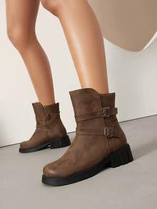 女士踝靴，欧美风，新款时尚百搭舒适真皮靴，防水，粗跟，休闲，保暖，轻便，柔软皮革，软底，踝靴，女士时尚靴 - 棕色 - 查看 1