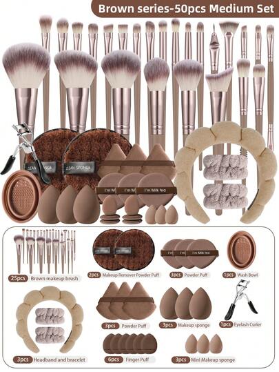 25/50pcs Makeup Brush Set, Includes Eye Shadow Brush, Eyebrow Brush, Foundation Brush, Powder Brush, Blush Brush, Concealer Brush And Highlighter Brush, Made Of Ultra-Soft Synthetic Fibers, Suitable For Daily Facial Makeup