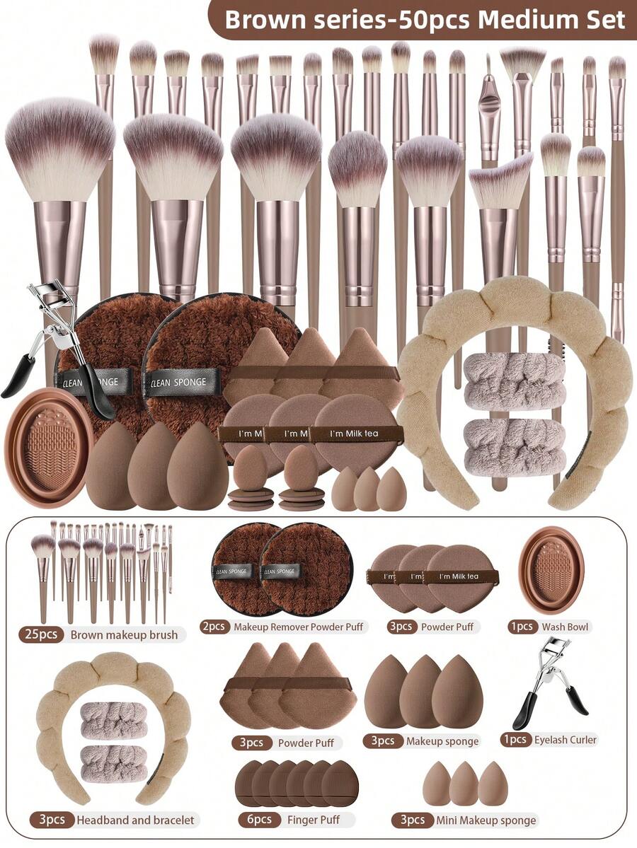 25/50pcs Makeup Brush Set, Includes Eye Shadow Brush, Eyebrow Brush, Foundation Brush, Powder Brush, Blush Brush, Concealer Brush And Highlighter Brush, Made Of Ultra-Soft Synthetic Fibers, Suitable For Daily Facial Makeup - Coffee Brown - View 1