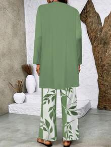 3pcs/Set Plus Size Women Casual Loose Printed Wide Leg Pants, Long Sleeve Cardigan And Tank Top Outfit, Suitable For Beach, Commute, Autumn/Winter - màu xanh lá - Xem 2