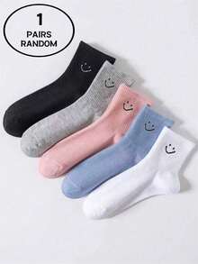 1/5 双糖果色笑脸简约日常百搭透气防臭女士中筒袜 - 彩色 - 查看 7
