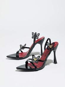 Damen High Heels, geeignet für Frühling, Sommer, Nachtpartys, Reisen, Einkaufen, Treffen, Galas, Laufstegshows, Pendeln, elegante Anlässe. Mit 3D Schmetterling Dekor, dünnen Riemen, modischer spitzer Zehenpartie, Riemen hinten, Cut Out Schmetterling dünne High Heels, einfarbig, spiegelglatte Oberfläche, bequemes Material, sexy, elegant, avantgardistisch, luxuriöser Stil, passend zu Herbstkleidern für Damen, mysteriös, hochwertige schwarze High Heel Sandalen - Schwarz - Übersicht 5