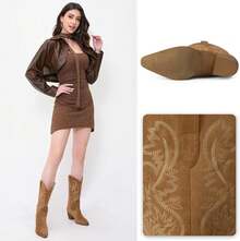 Cowgirl Boots Women Knee High Boots Pointed Toe And Block Heel Cowboy Suede And Faux Leather Boots With Embroidered - 藍色 - 查看 10